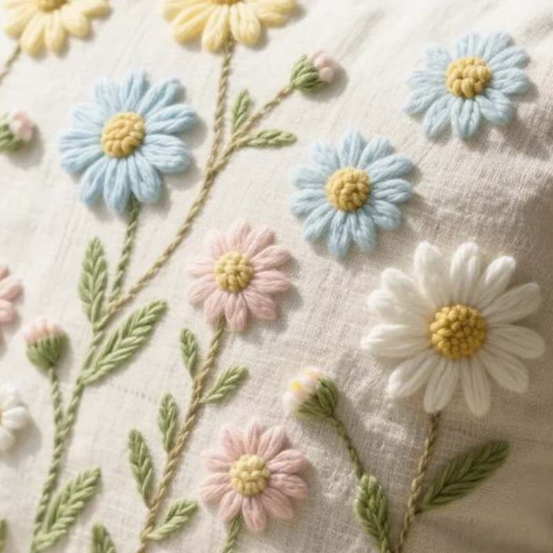 floral embroidery on white fabric