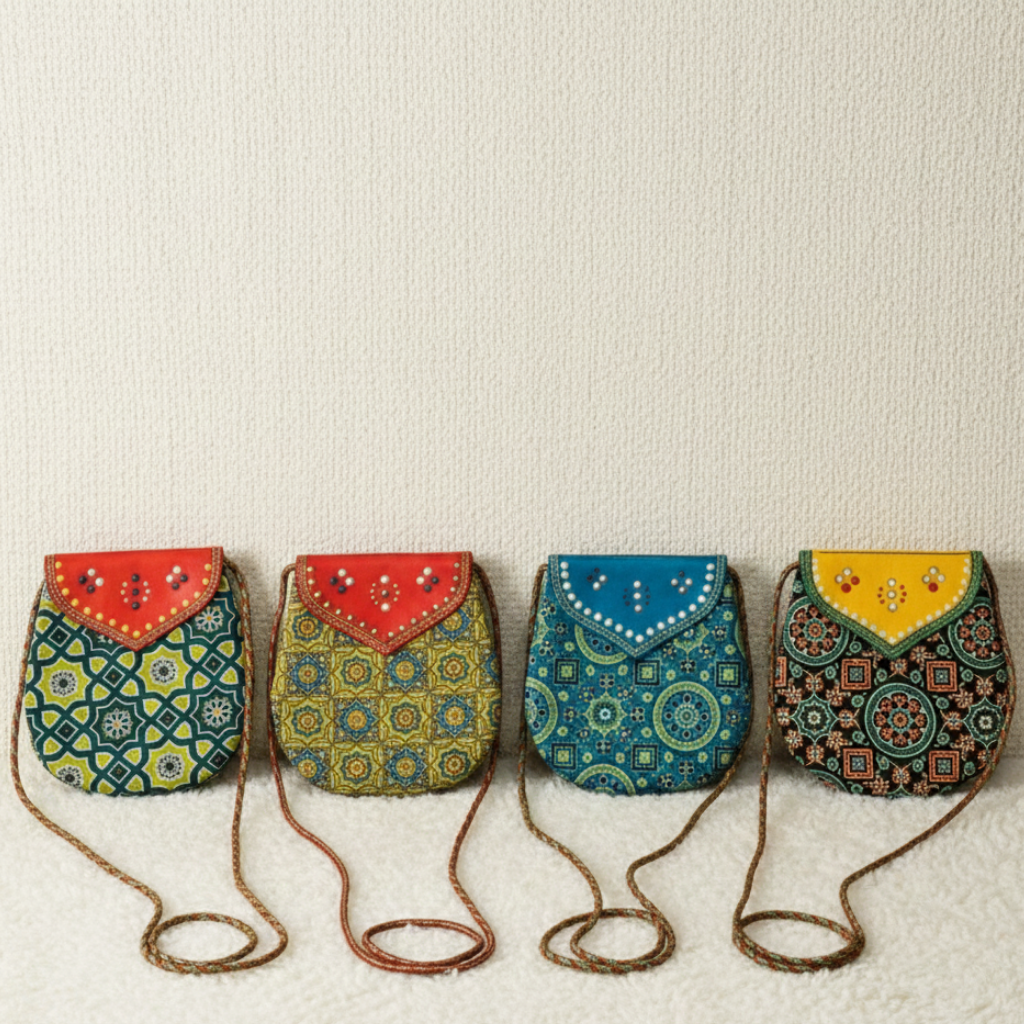 ajrakh printed mobile sling pouches in four different styles