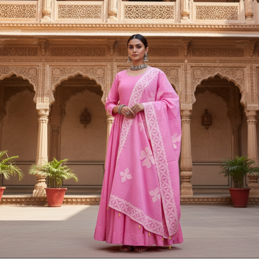 a woman in traditional attire carrying a pink applique cutwork dupatta