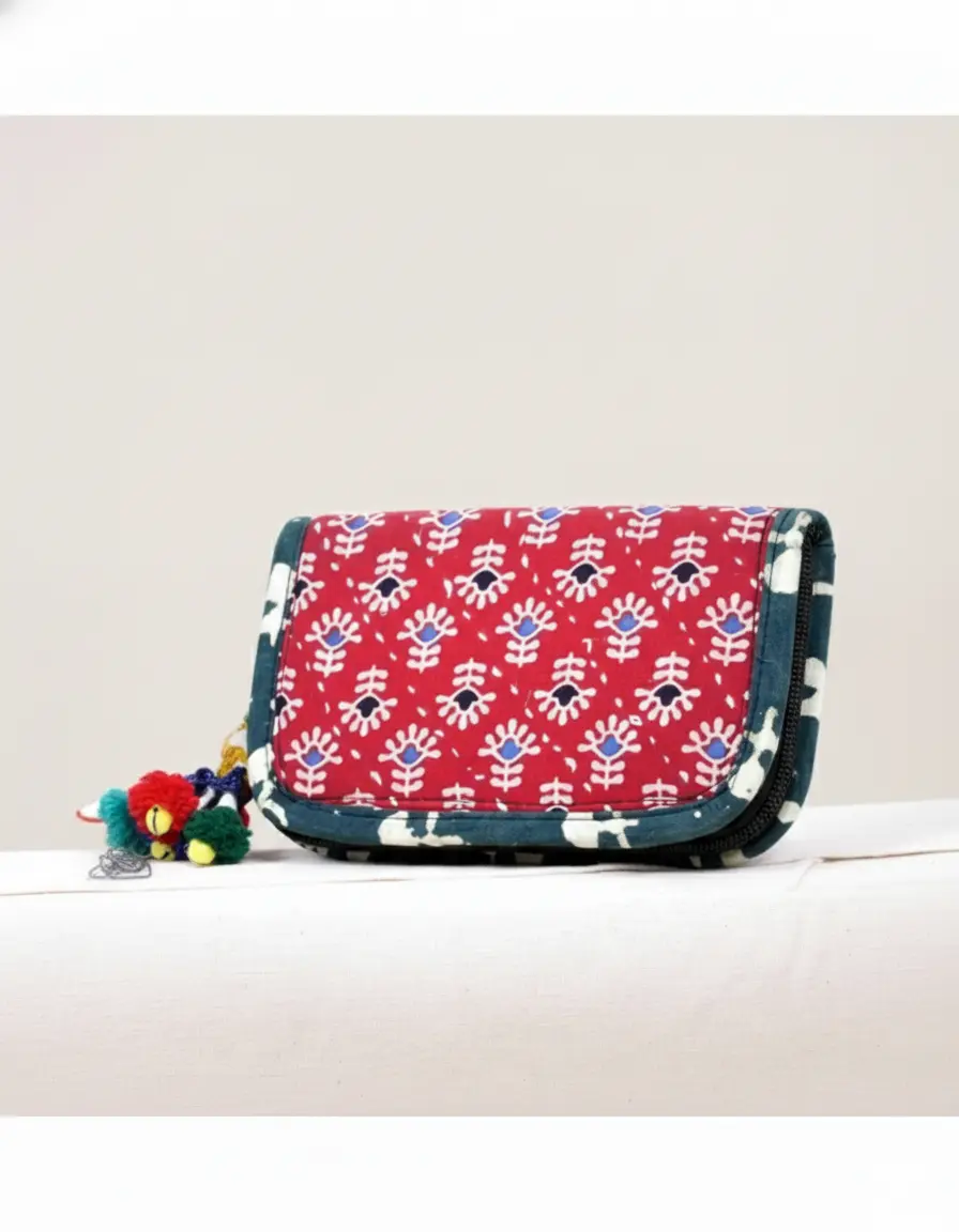 Ajrakh printed red clutch bag featuring traditional block-print patterns