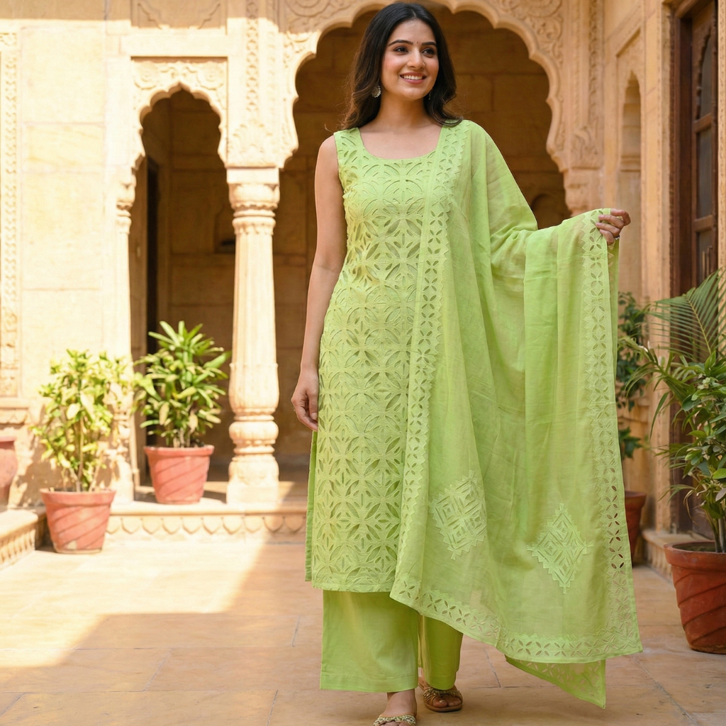 a woman standing in a gorgeous pastel green applique cutwork suit set