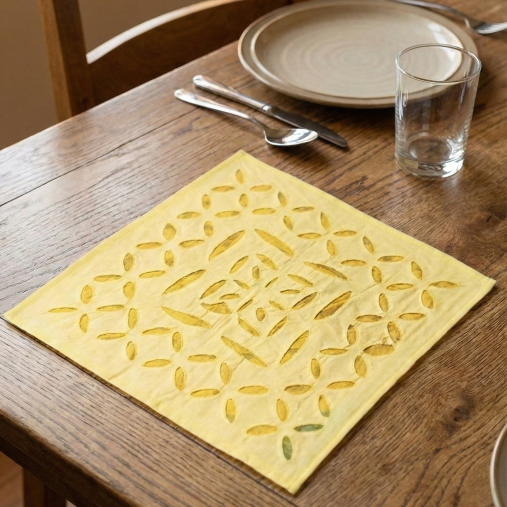 a yellow cutwork table napkin on a dining table setting