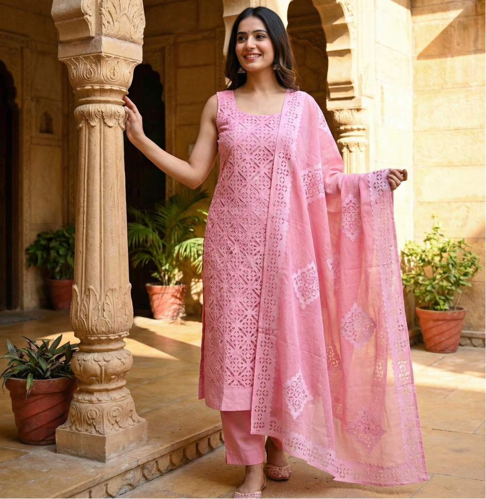 a woman standing in an pink applique cutwork suit set