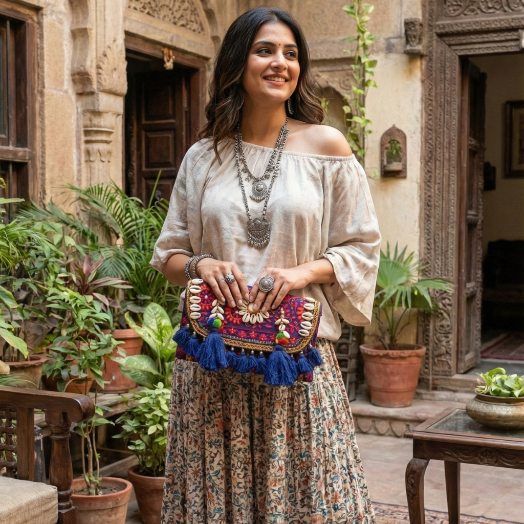 a woman in chic top and skirt holding a blue codi embroidered banjara bag