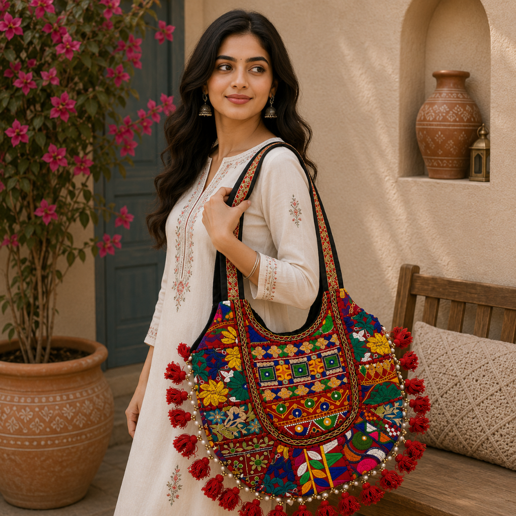 Tribal Hues Boho Embroidered Tote Bag