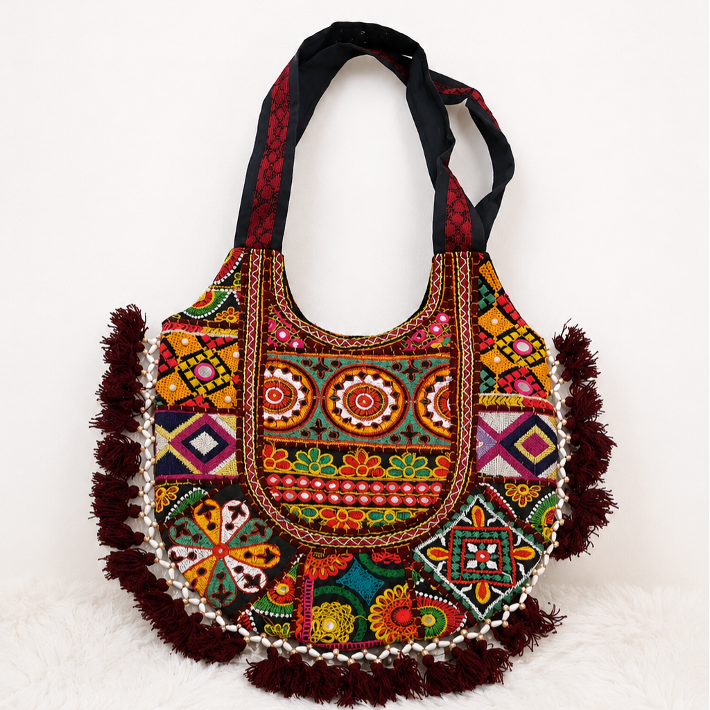 Fusion Hues Boho Tassel Embroidered Tote Bag