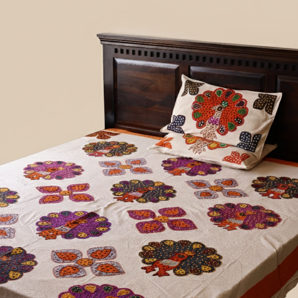 Royal Plumage Colorful Peacock Applique Bedsheet Set