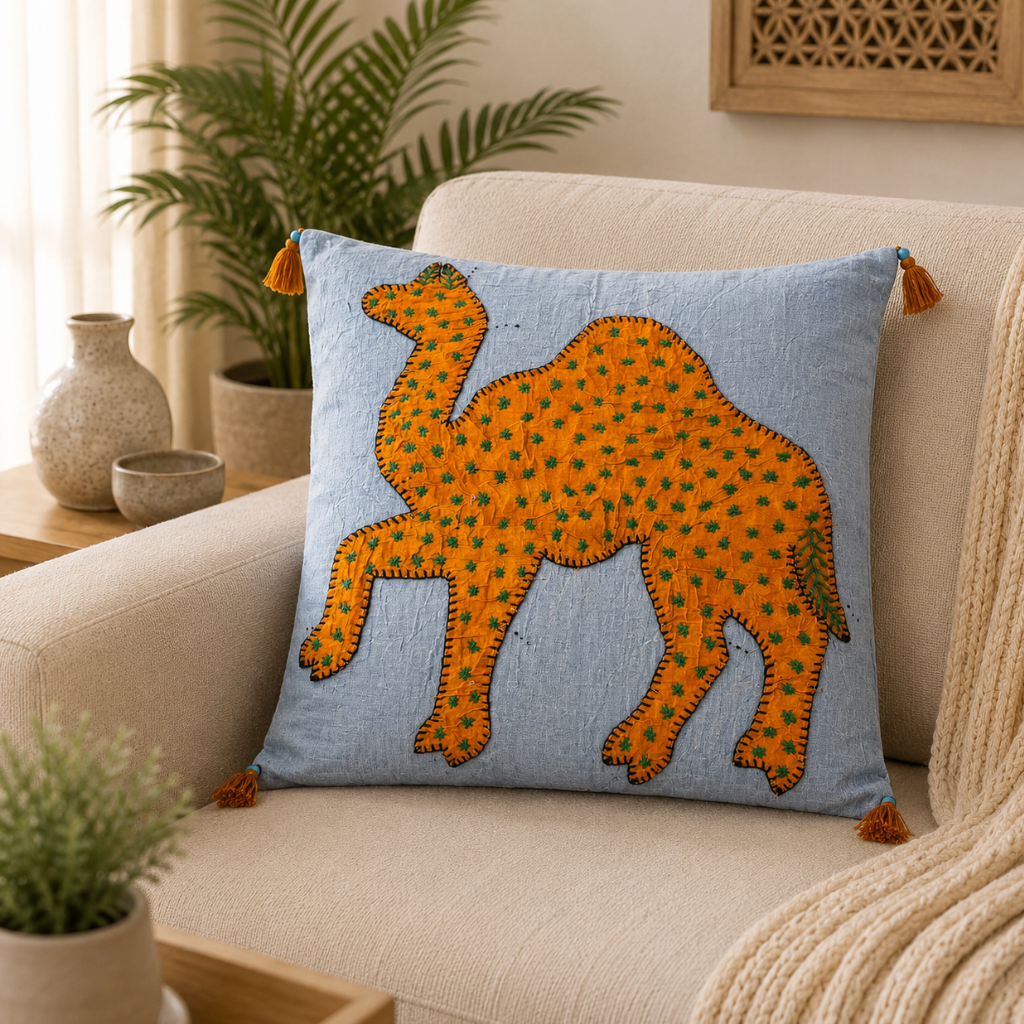 Traditional Indian Camel Applique Cushion Cover