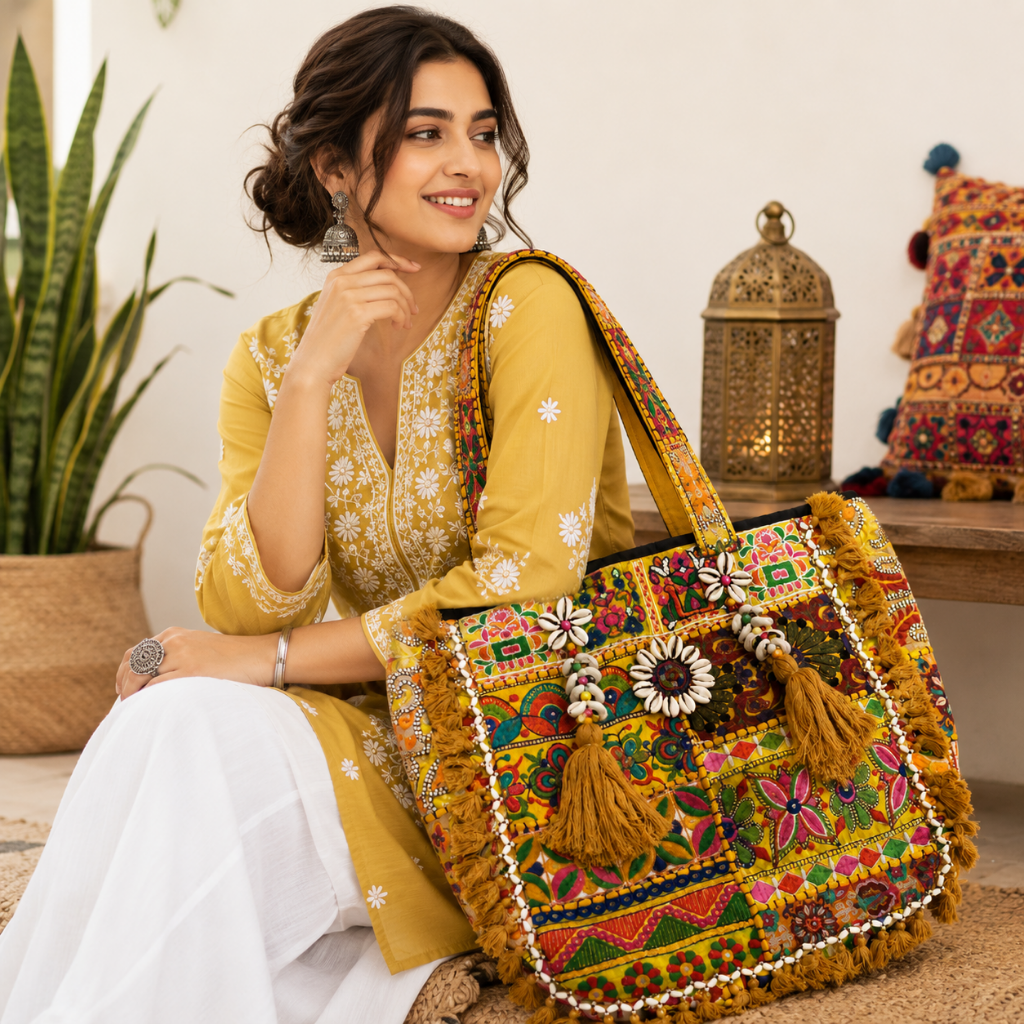 Heritage Embroidered Banjara Tote Bag with Tassels