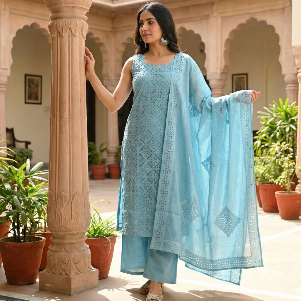 Woman in a light blue applique cutwork suit set standing in a decorative outdoor setting