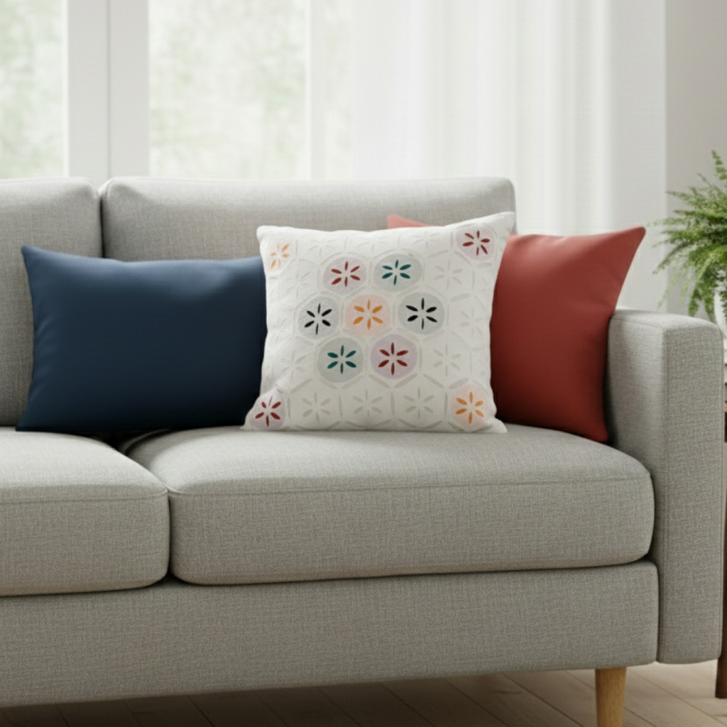 Gray sofa with applique work white cushion in a living room setting