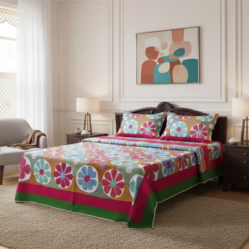 Colorful floral-patterned applique bedspread on a bed in a bedroom with abstract art on the wall.