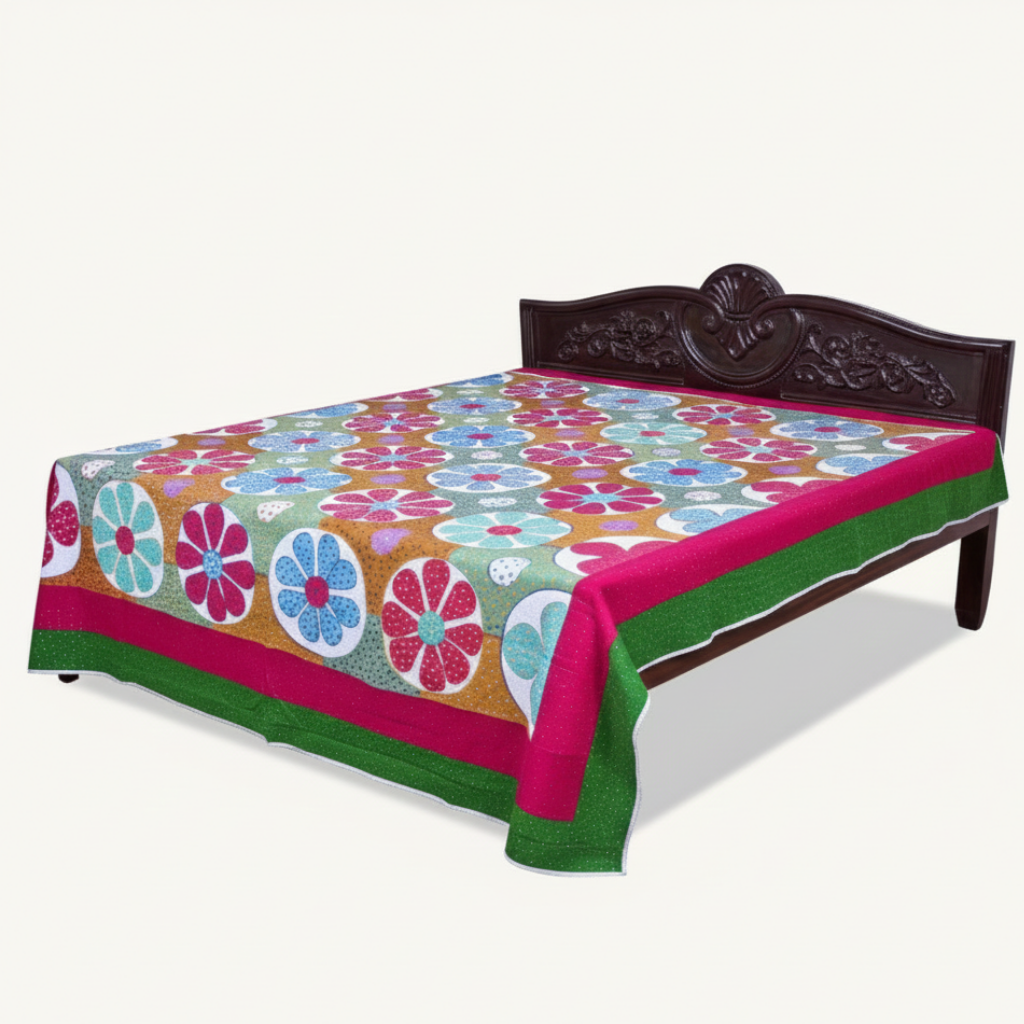 Bed with a colorful floral-patterned applique bedspread on a white background
