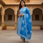Woman in a blue applique suit set standing in an architectural setting