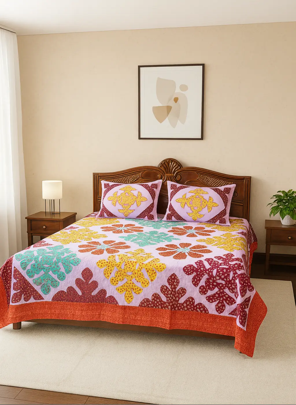 Colorful floral applique bedsheet on a bed in a bedroom with a lamp and plant.