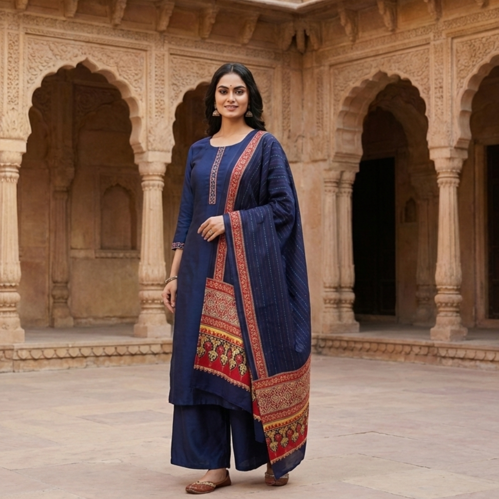 Woman in a traditional blue outfit with blue patchwork dupatta standing in an architectural setting.