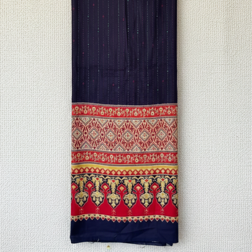 Traditional navy blue patchwork dupatta on a light gray background