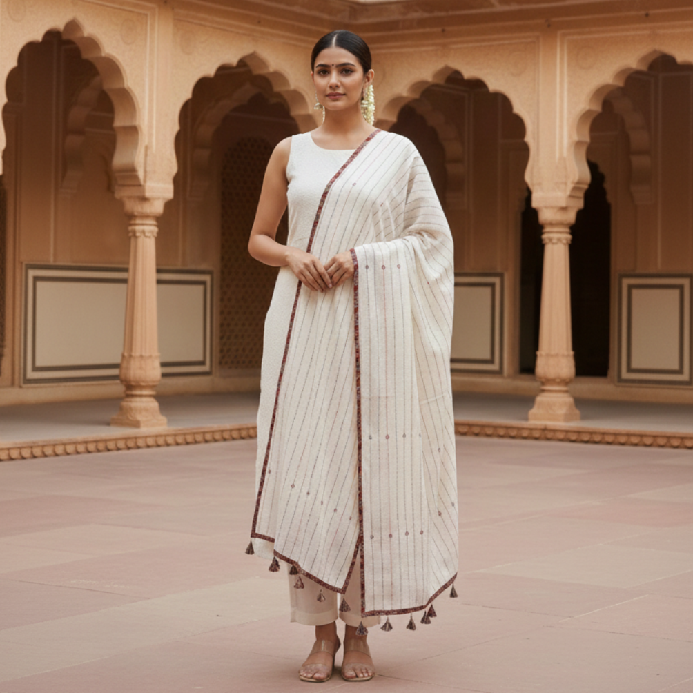 Woman in a white kurta set with white dupatta standing in an architectural setting.