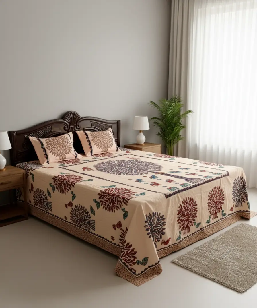 Bed with floral patterned applique bedspread in a bedroom setting