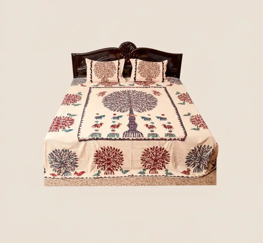 Decorative applique  bedspread with tree of life design on a bed 