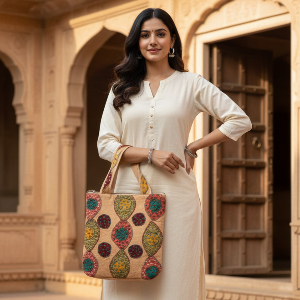 Woman holding a colorful applique bag  in front of an architectural background