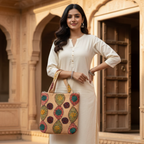 Woman holding a colorful applique bag  in front of an architectural background