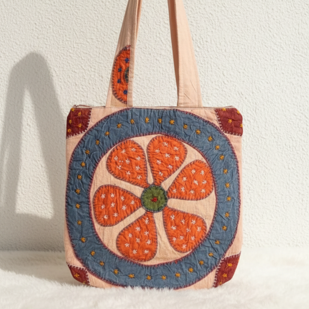Tote bag with floral design on a white background