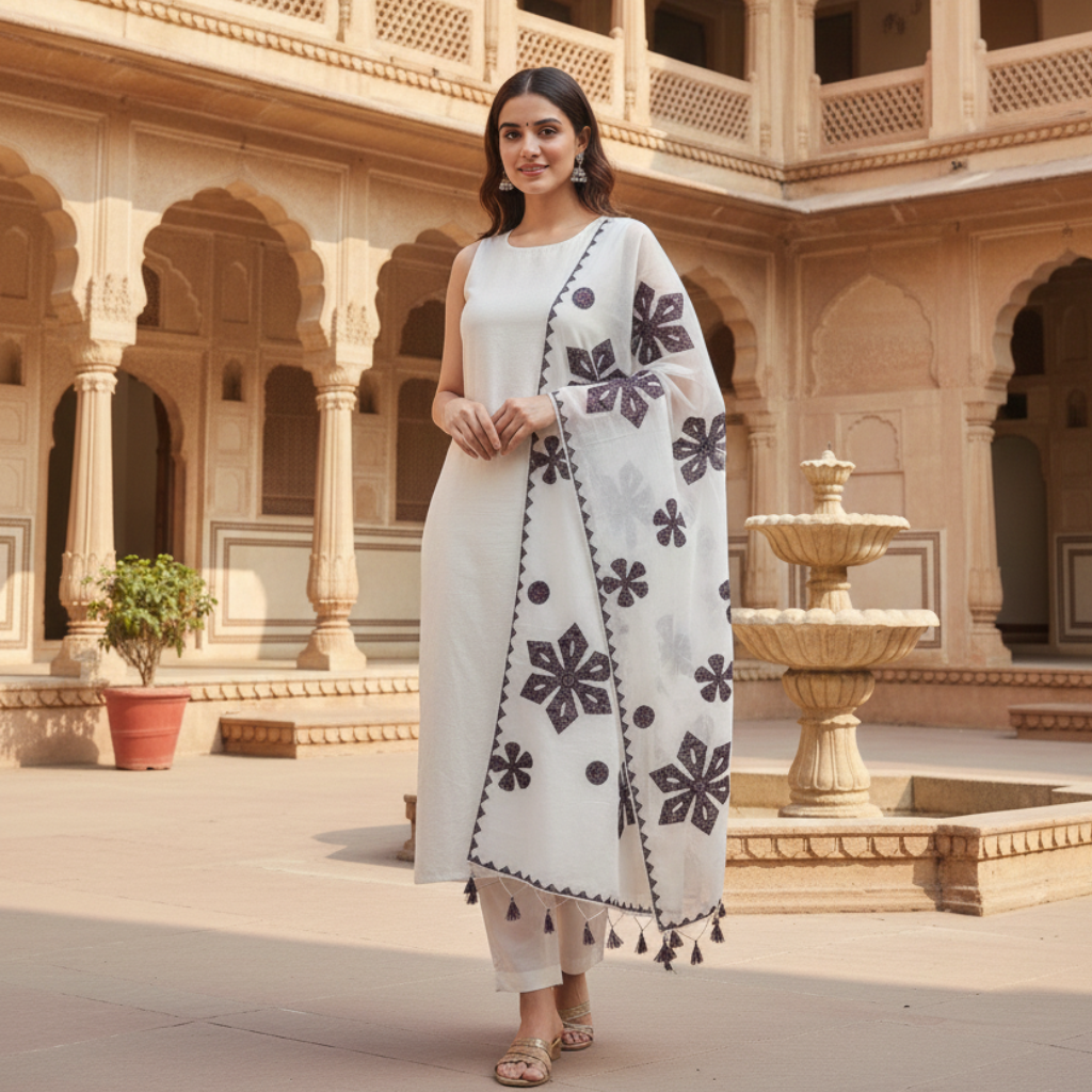 woman wearing a white black patchwork dupatta