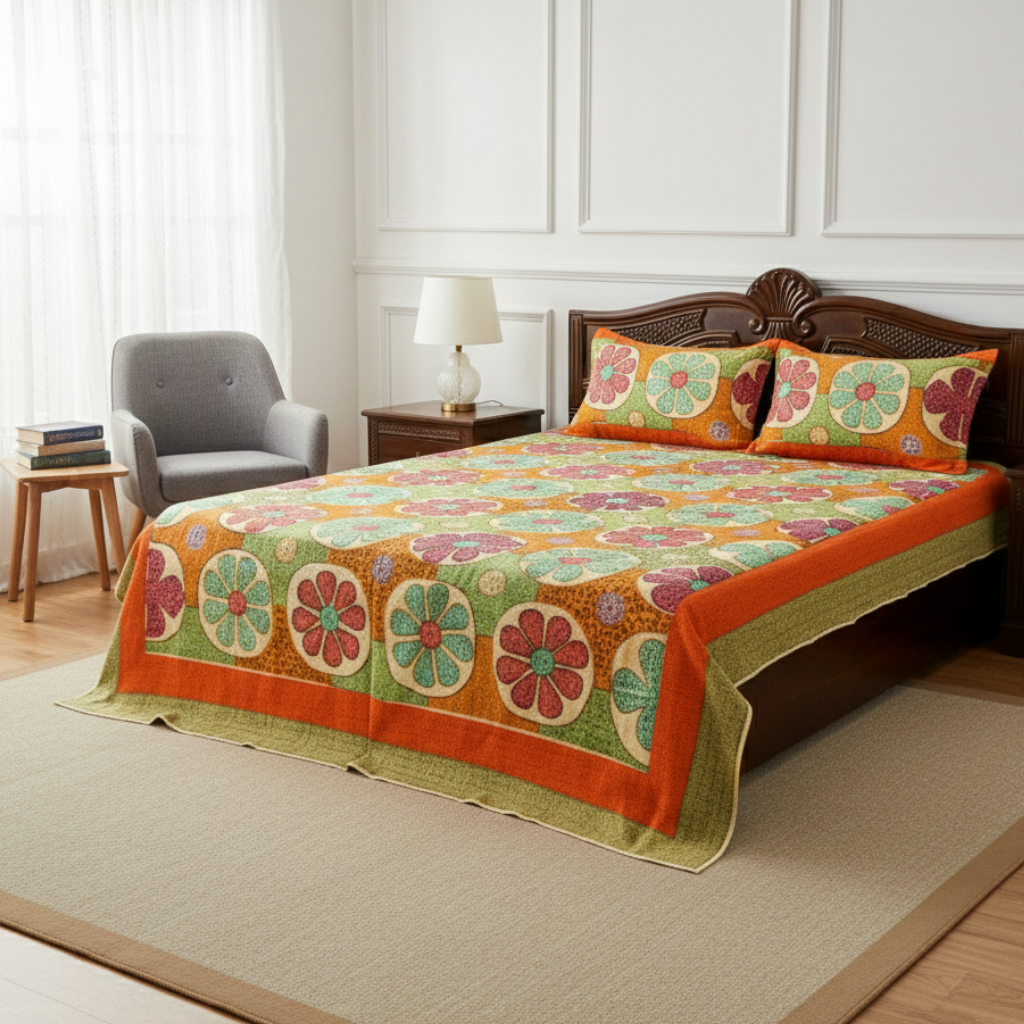 Decorative floral applique bedsheet with colorful patchwork design on a beige background