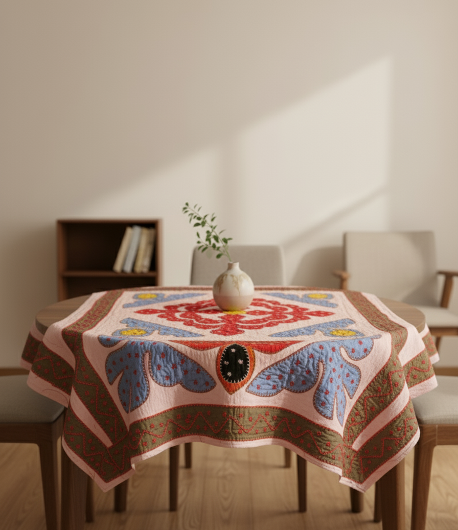 Decorative pink tablecloth with embroidered patterns on a wooden dining table.