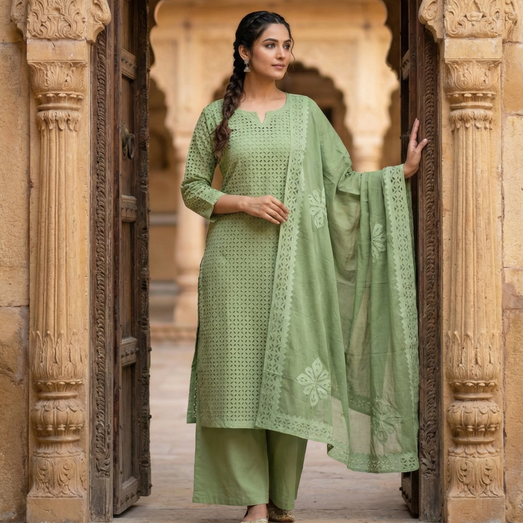 Woman in a green applique suit set outfit standing in front of an architectural entrance.