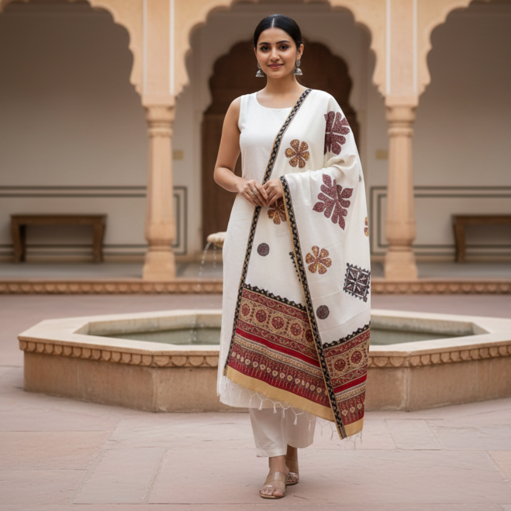 woman in white kurta set wearing a white ajrakh patchwork dupatta