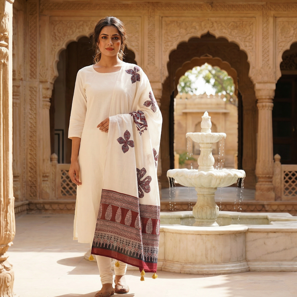 Woman in a white traditional outfit with an applique patchwork dupatta standing in front of a marble fountain.