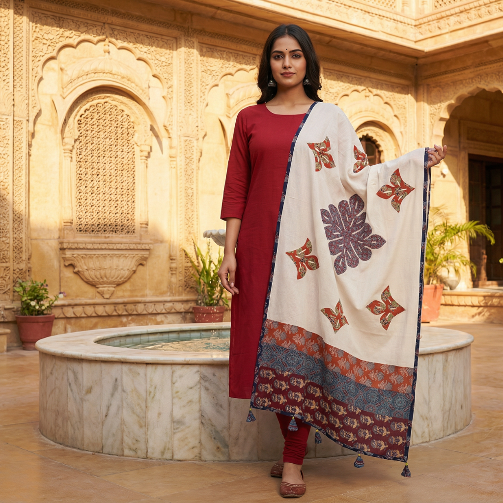 Woman in a white traditional outfit with an applique patchwork dupatta standing in front of a marble fountain.