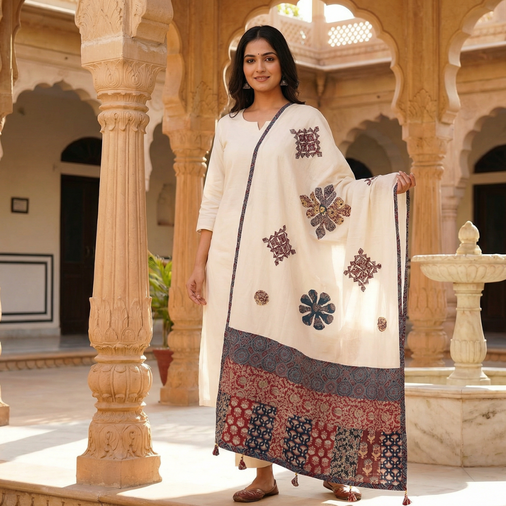 Woman in a white traditional outfit with an applique patchwork dupatta standing in front of a marble fountain.