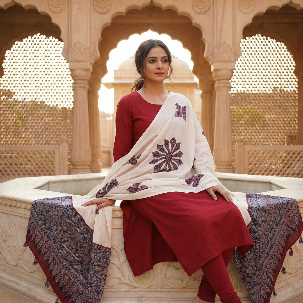 Woman in a white traditional outfit with an applique patchwork dupatta sitting in front of a marble fountain.