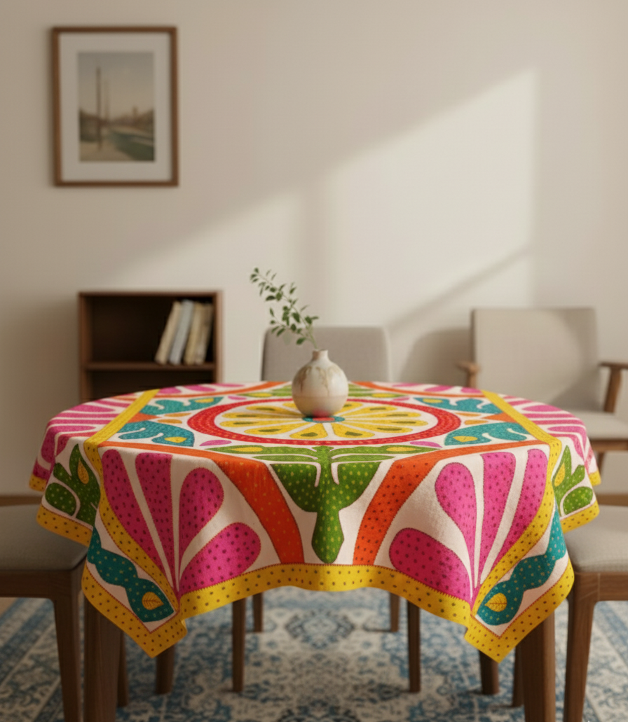 Colorful patterned tablecloth on a round table