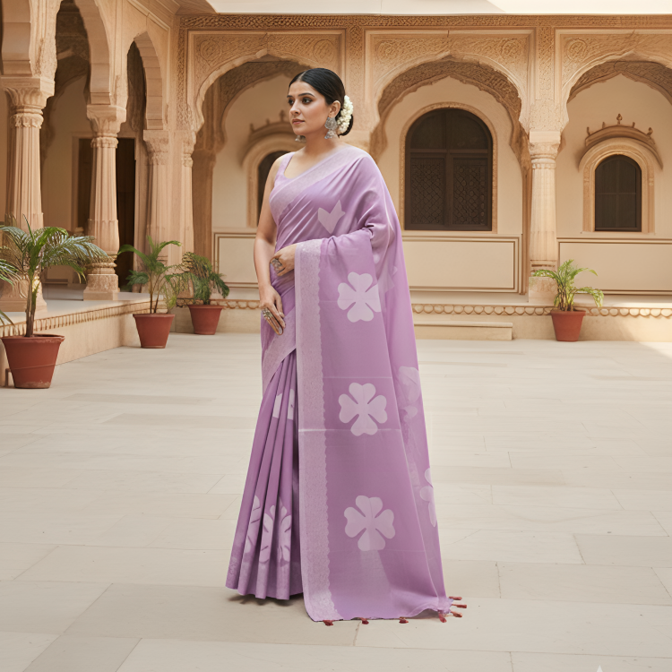 Woman in a purple applique saree with floral cutwork patterns standing in an ornate architectural setting.