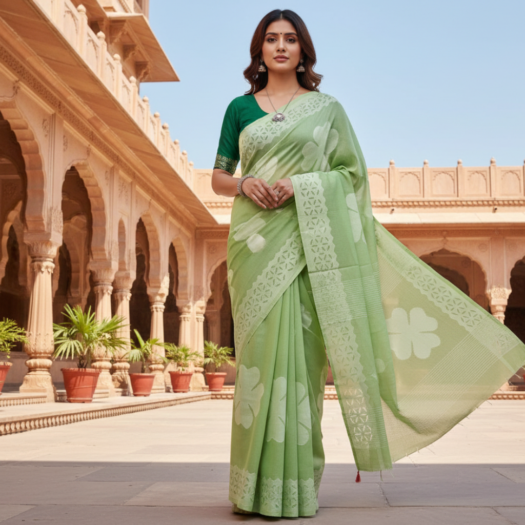 Woman in a green applique saree with floral patterns standing in front of an architectural building.