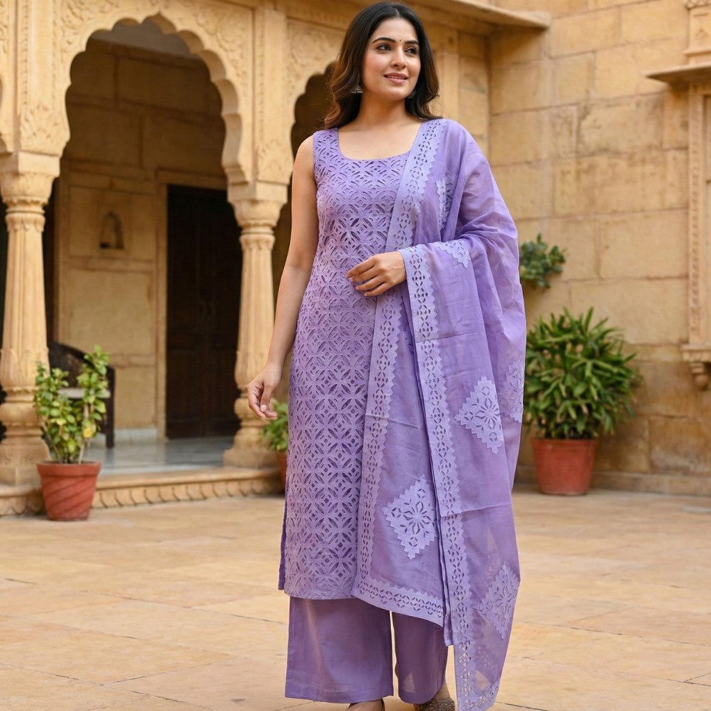 Woman wearing a purple applique work suit set outfit standing in front of a stone building.
