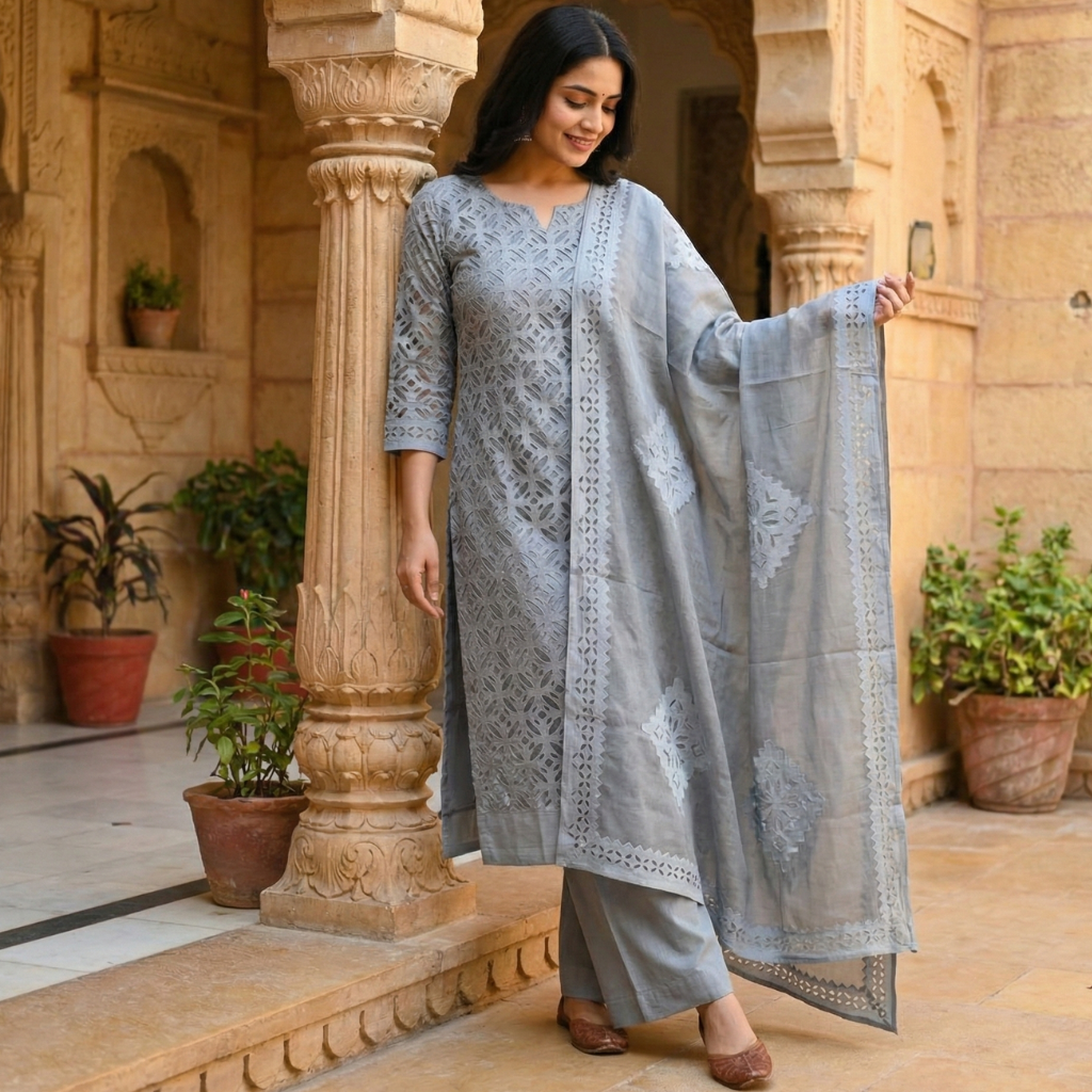 Woman in a grey applique suit set standing in an architectural setting with plants.