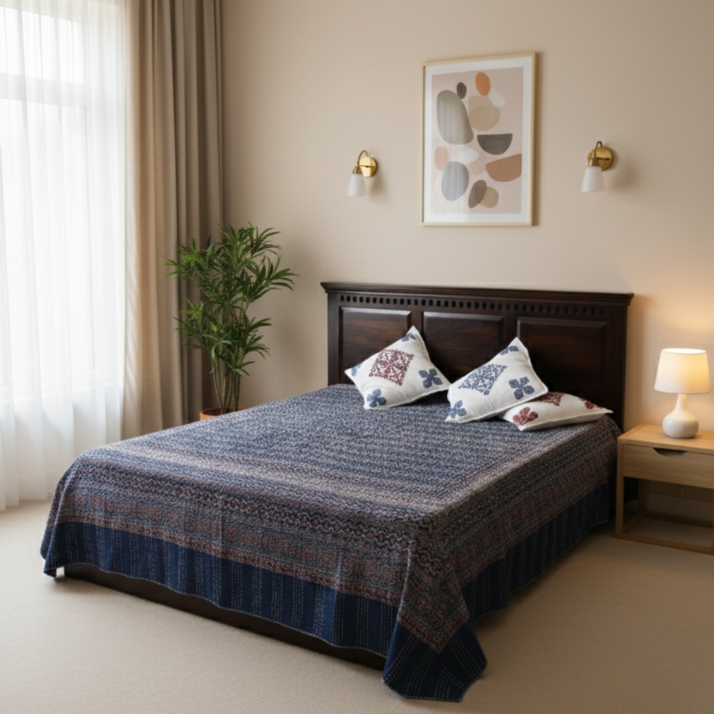 Bedroom with a bed covered in a patterned blue bedsheet, decorative pillows, and wall art.