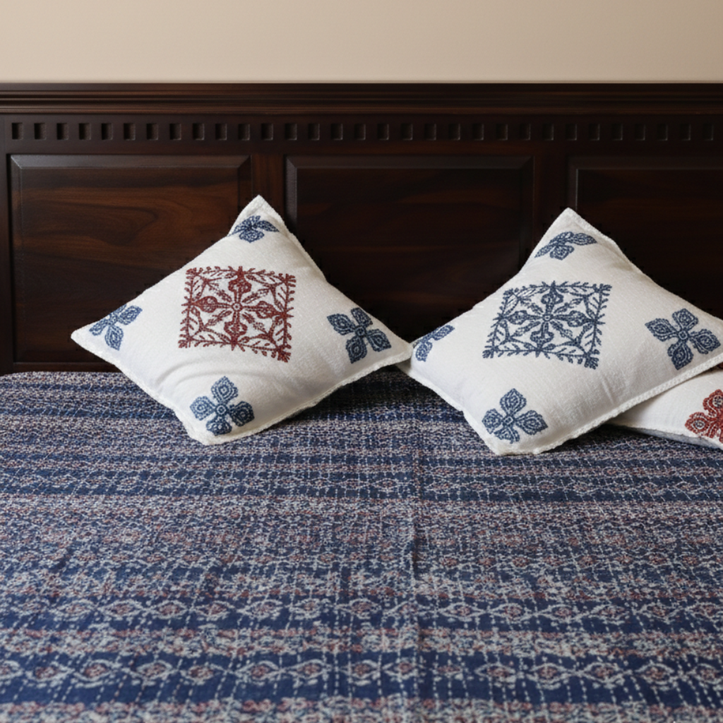 Two embroidered pillows on a blue patterned applique bedspread with a wooden headboard.