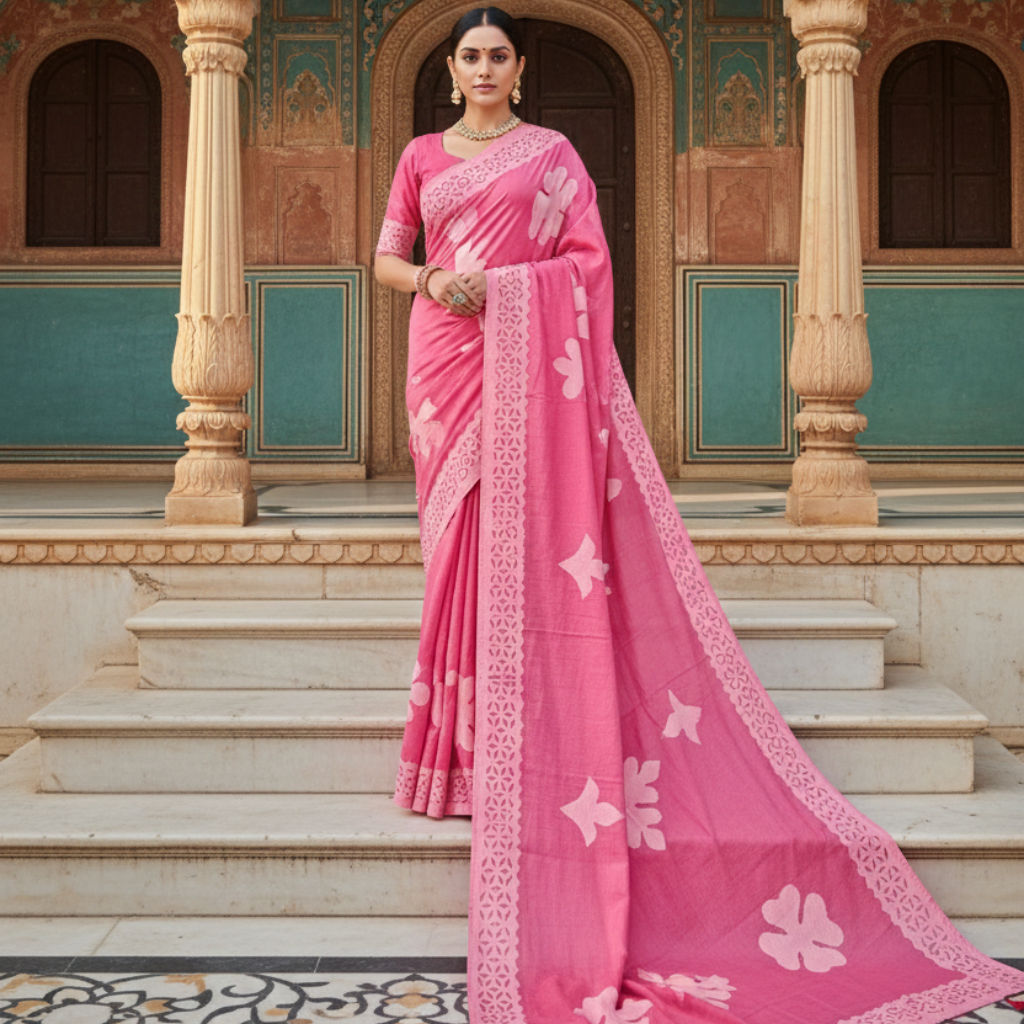 woman standing in a pastel pink applique saree with floral cutwork design in front of an architectural setting