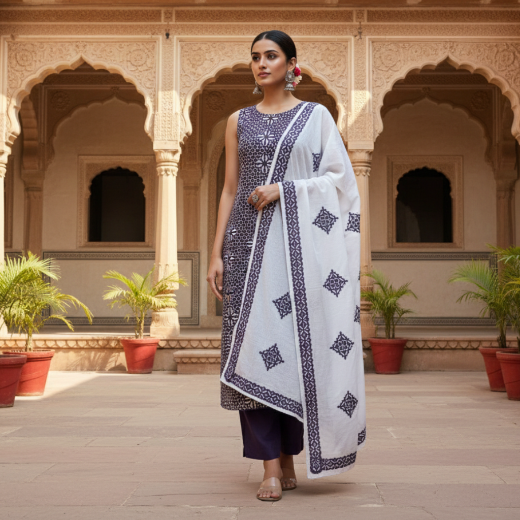 Woman in a traditional applique work suit set standing in an ornate courtyard with arches and plants.