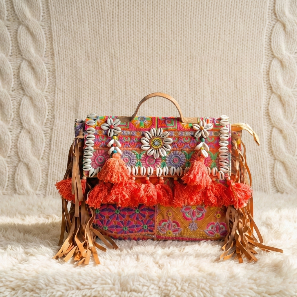 Colorful banjara bag with floral patterns and tassels on a textured surface