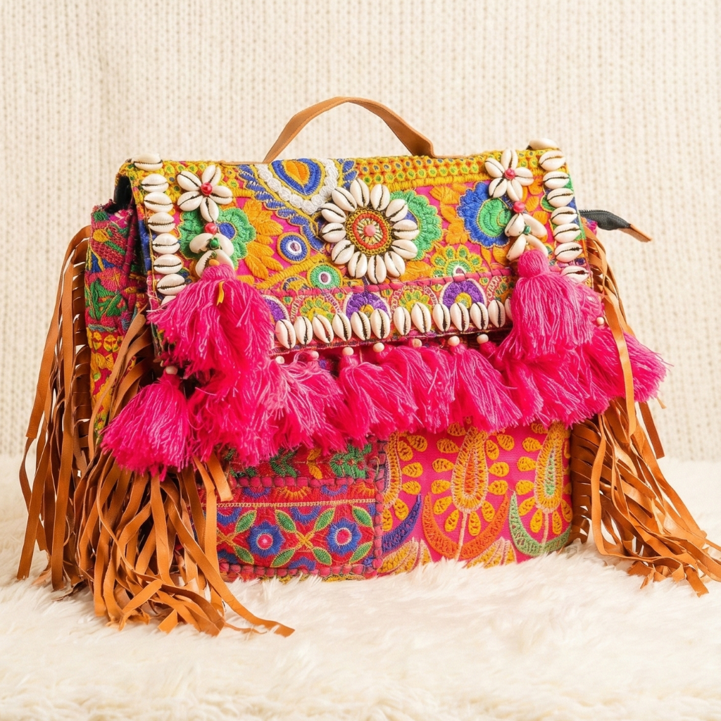 Colorful banjara bag with floral patterns, tassels, and fringes on a textured surface