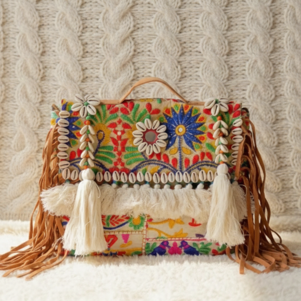 Colorful floral embroidered bohemian bag with tassels on a textured surface