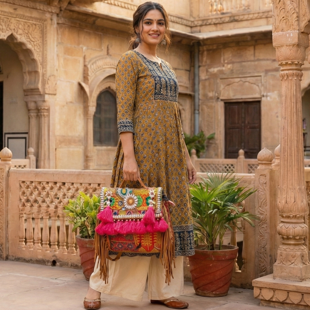 Woman in traditional outfit holding a colorful banajara bag with pink tassels in an architectural setting