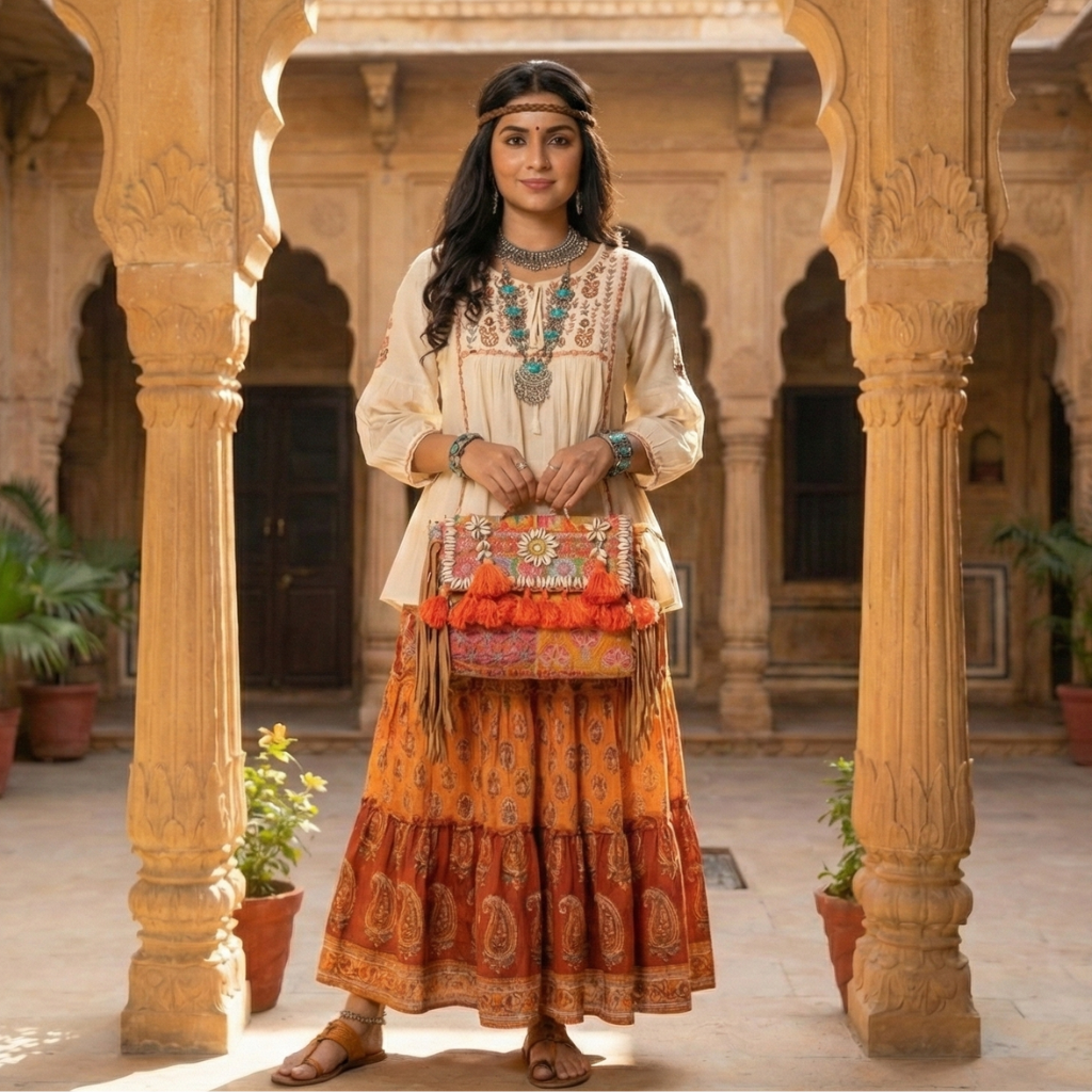 Woman in traditional attire holding a colorful bag with orange tassels  in an ornate architectural setting
